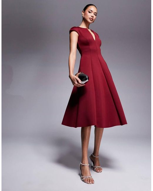 Goddiva Red Cap Sleeve Plunging V Neckline A-Line Midi Dress
