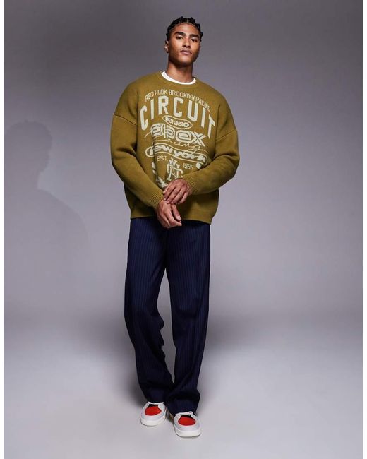 ASOS Green Super Oversized Knit Sweater With Motocross Text for men