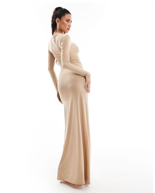 ASOS Natural Long Sleeve Drawstring Ruched Maxi Dress