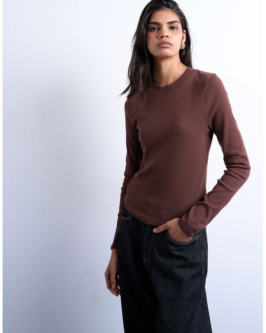 TOPSHOP Purple Rib Long Sleeve Curved Hem Top