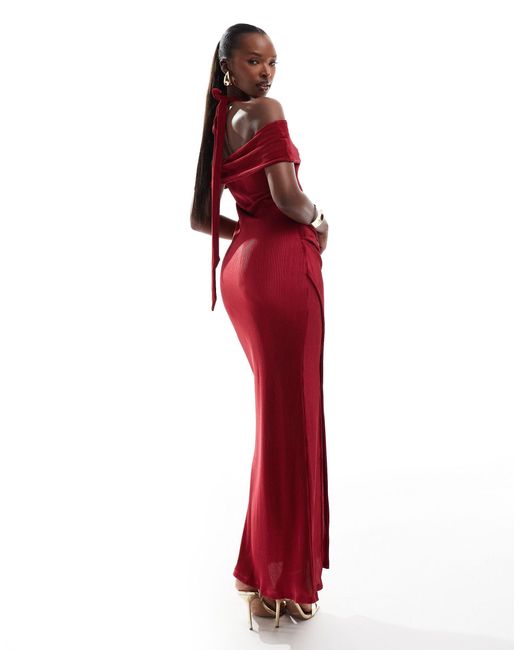 ASOS Red Plisse Bardot Midi Dress With Halter Strap Detail