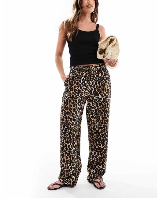 Vero Moda Black – hose mit weitem bein, leopardenmuster und leinenanteil