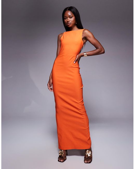 Vesper Orange Bengaline High Neck Open Back Maxi Dress