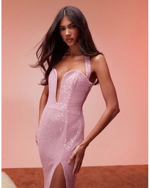 Oh Polly Pink Sansel Embellished Halterneck Maxi Dress