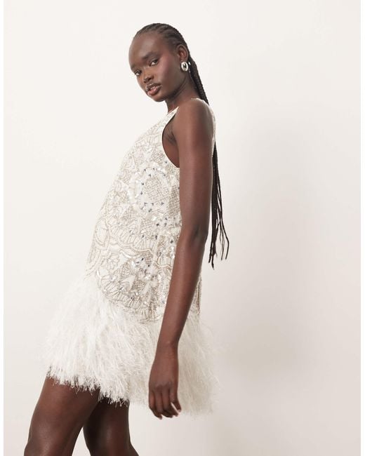 ARRANGE Natural Embellished Scoop Neck Mini Dress With Faux Feather Hem