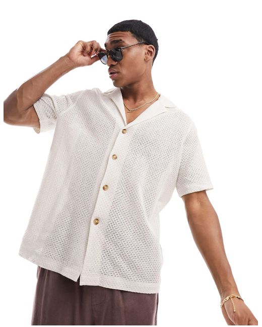 ASOS White Short Sleeve Relaxed Deep Revere Cotton Basket Texture Shirt for men