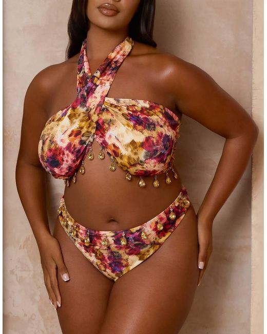 Moda Minx Curve Brown X Alessa Tyrrell-charles Floral Print Wrap Bikini Top With Bead Detailing