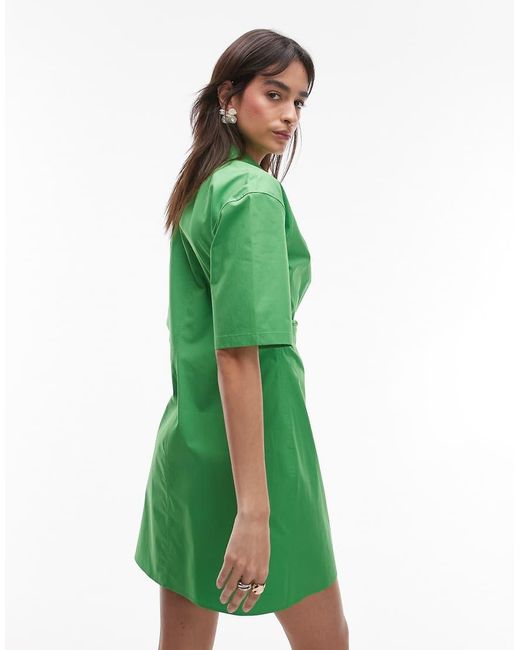 ARKET Green Cotton Rich Mini Shirt Dress With Button Wrap Front
