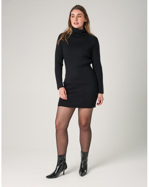 French Connection Black Cosy Ribbed Cowl Neck Long Sleeve Mini Dress