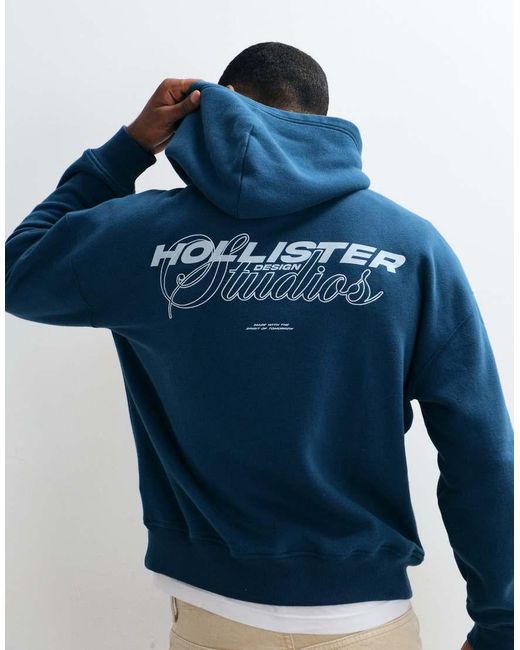 Hollister Blue Back Graphic Logo Boxy Fit Hoodie for men
