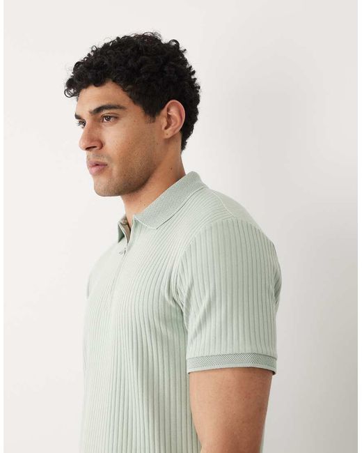 SELECTED Green Ribbed Half Zip Polo Shirt for men