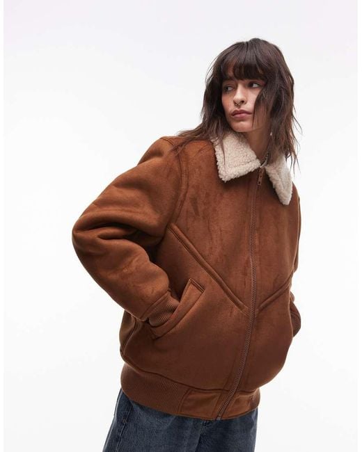 TOPSHOP Brown Faux Suede Shearling Bomber Jacket