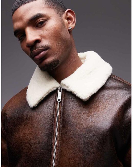 Calvin Klein Blue Faux Leather Aviator Jacket for men