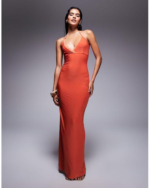 Fashionkilla Double Layered Slinky Lace Trim Wrap Halterneck Maxi Dress