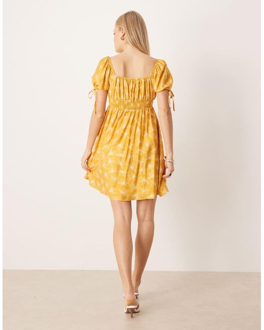 Lovedrobe Yellow Elasticated Square Neck Short Sleeve Mini Dress