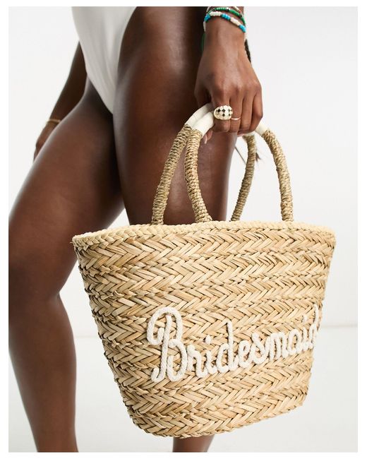 South Beach Bruidsmeisjes - Bucket Tas Van Stro Met Geborduurd Motief in het Natural