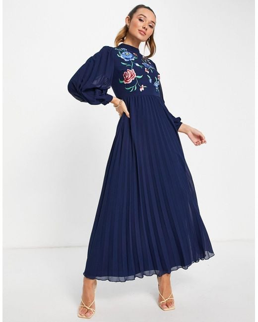 asos design high neck embroidered maxi dress ASOS DESIGN high neck embroidered maxi dress with embellished beading and full godet skirt in blue