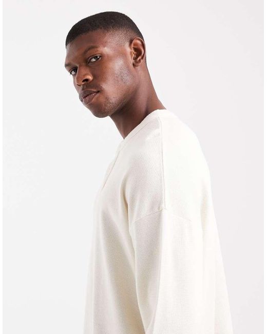 Jack & Jones White Oversized Waffle Long Sleeve Henley Neck T-shirt for men