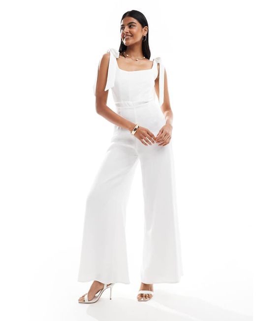 TFNC London White Bridal Tie Shoulder Satin Wide Leg Jumpsuit