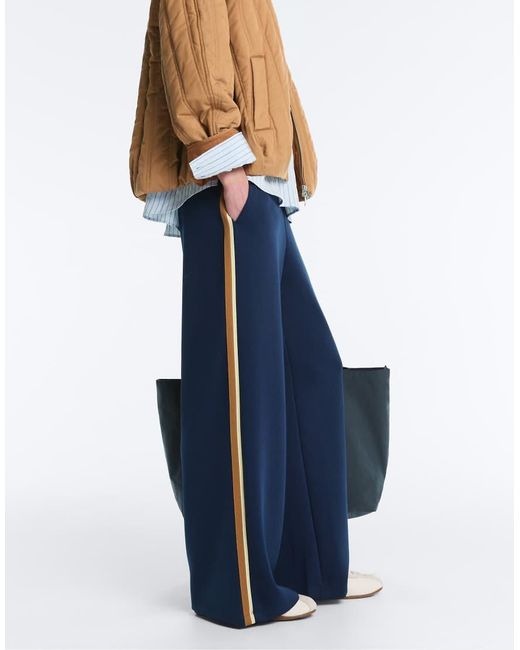 Oysho Blue Twill Straight Trousers With Side Tape