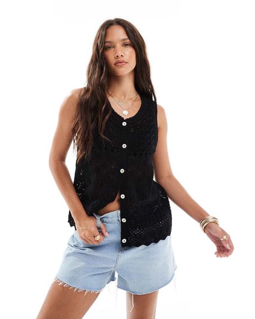 Brave Soul Black Open Knit Crochet Waistcoat With Pocket Detail