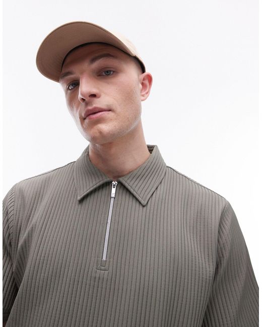Topman Gray Short Sleeve 1/4 Zip Through Plisse Shirt for men