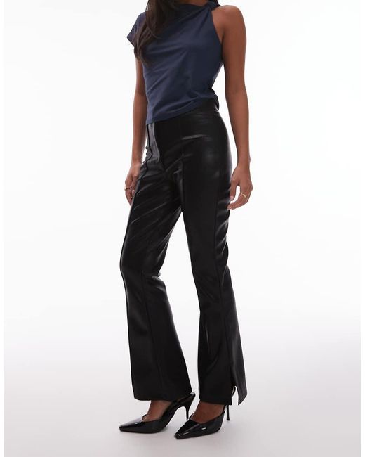 ASOS Blue Asos Design Petite Leather Look Slim Flare Trouser With Pintuck