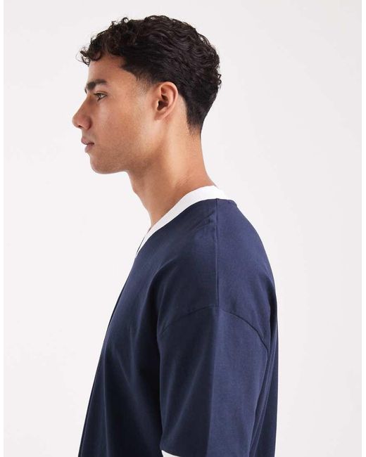T-Shirt Oversize Con Scollo A V E Profili A Contrasto di ASOS in Blue da Uomo