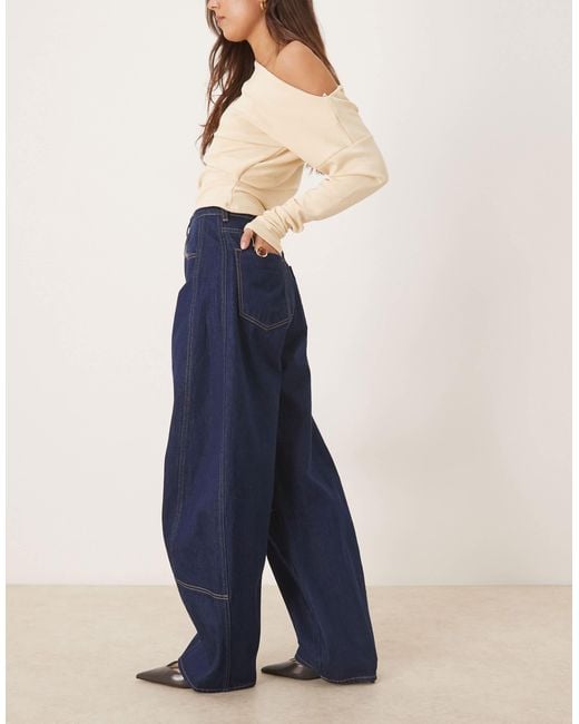 ASOS Blue High Waist Barrel Leg Jean With Panel Detail