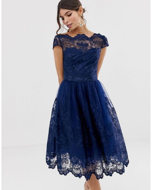 Chi Chi London Premium Lace Midi Dress With Cap Sleeve in Blue | Lyst
