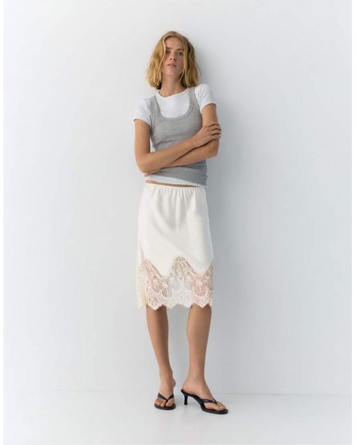 Pull&Bear White Lingerie Detail Midi Skirt