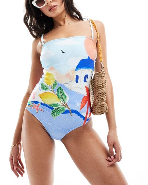 & Other Stories Blue Bandeau Printed Swimsuit With Removable Straps