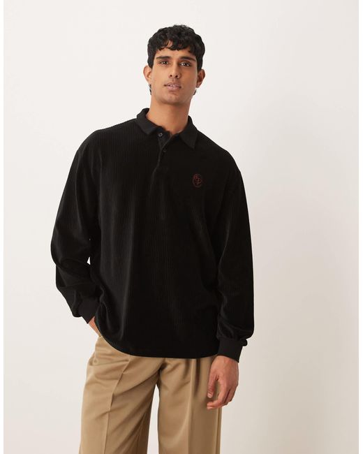 ASOS – langärmliges, schweres oversize-shirt aus geripptem velours in Black für Herren