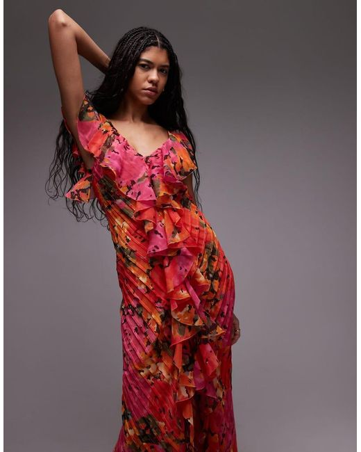 TOPSHOP Red Premium Ruffle Pintuck Gown