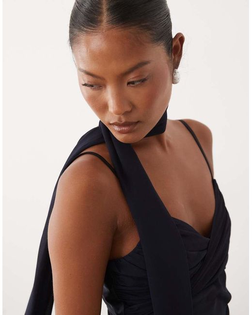 TFNC London Blue Satin Bust Chiffon Scarf Detail Cami Maxi Dress