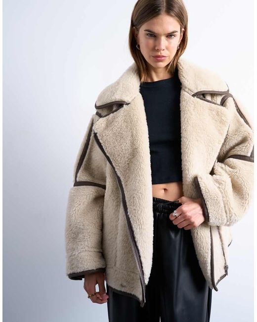 TOPSHOP White Borg Aviator Oversized Jacket