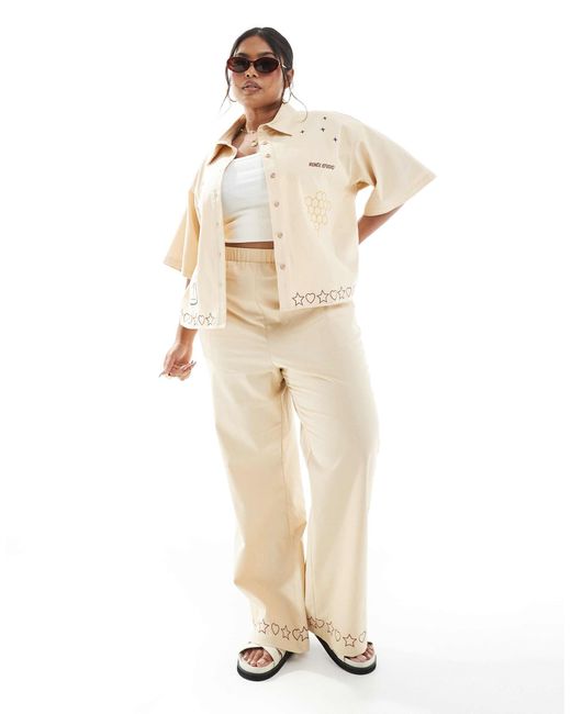 Exclusivité - pantalon d'ensemble ample en lin mélangé avec détails brodés - beige Renee Studio en coloris Natural