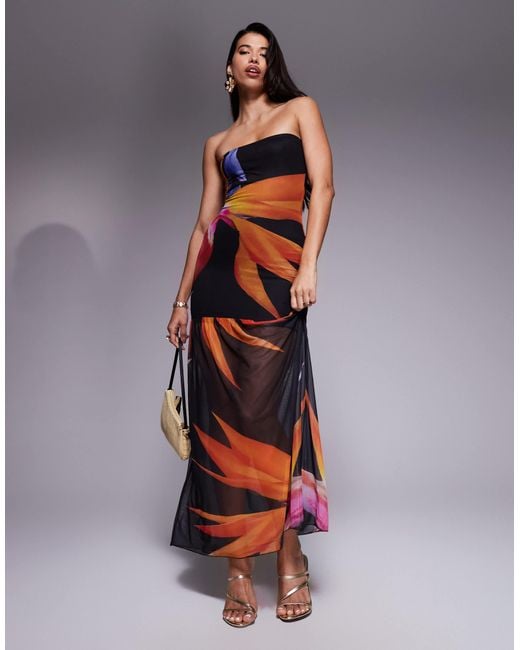 Kaiia Black Exclusive Double Layered Slinky Mesh Floral Bandeau Gathered Sheer Hem Maxi Dress