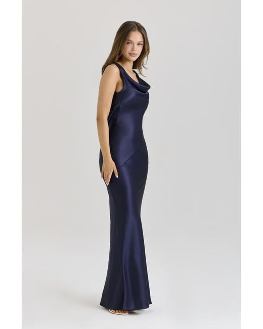 House Of Cb Blue Safaira Satin Draped Cowl Neck Maxi Dress