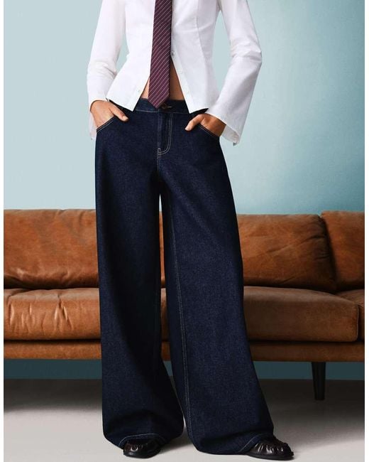 Bershka Blue Wide-leg Low-waist Jeans