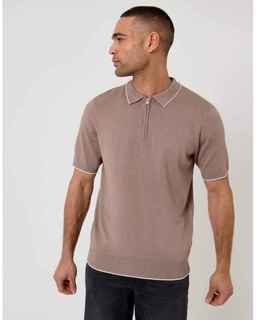 Threadbare Gray Knitted Quarter Zip Polo With Contrast Tipping for men