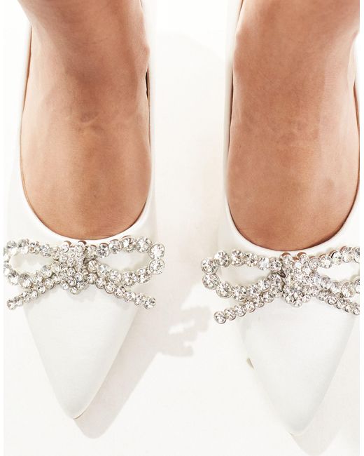 Truffle Collection White Bridal Kitten Heel Embellished Bow Detail Court Shoes