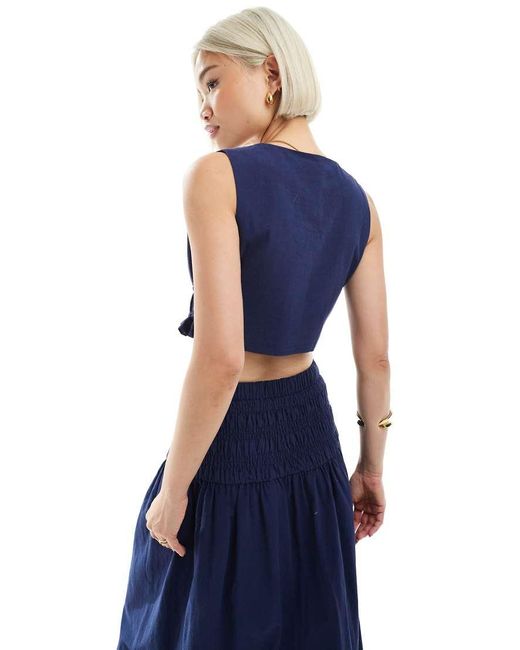 4th & Reckless Blue Linen Look Cropped Tie Front Waistcoat Co-ord