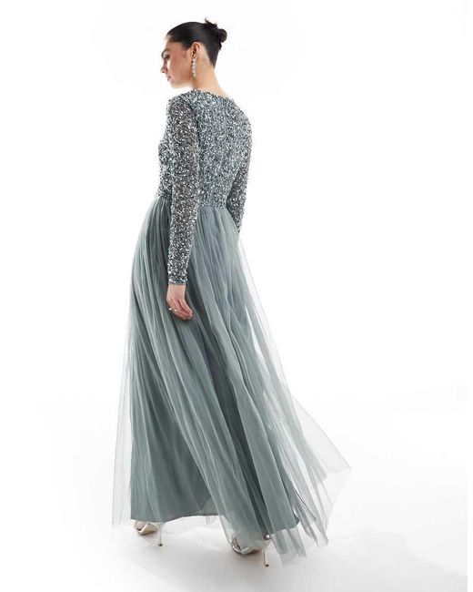 Maya Blue Embellished Long Sleeve Maxi Bridesmaid Dress