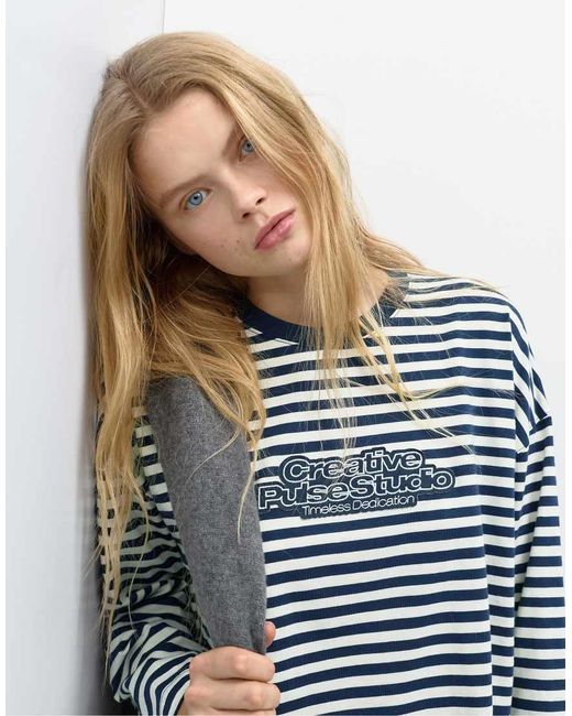 Pull&Bear Blue Striped T-shirt With Patch