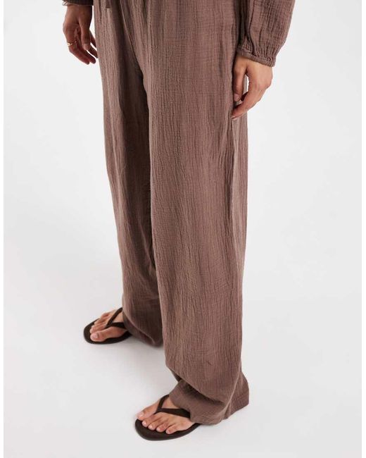 Pieces Brown Crinkle Cotton Wide Leg Pants