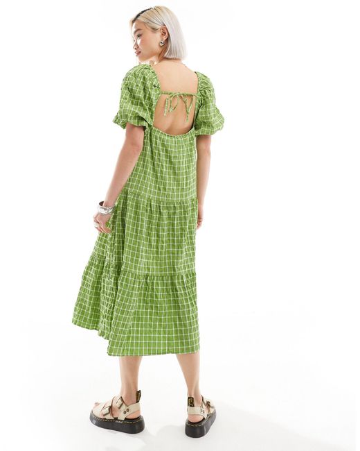 Monki Green Tiered Midi Sun Dress With Open Back