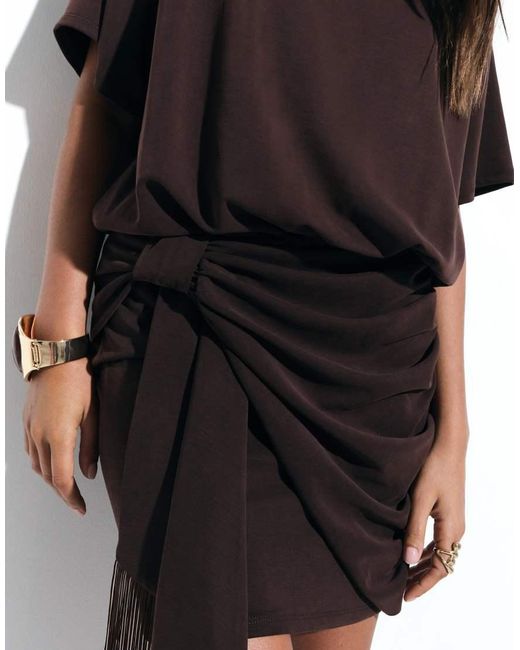 ASOS Black Modal Short Sleeve With Fringed Tie Detail Mini Dress