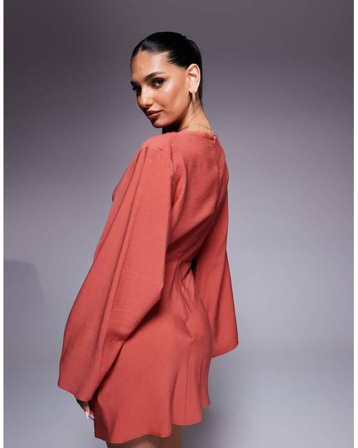 ASOS Red Long Sleeve Tucked Waist Bias Mini Dress
