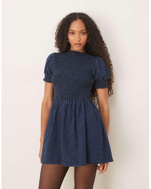 ASOS Blue Puff Sleeve Denim Mini Dress With Shirred Front